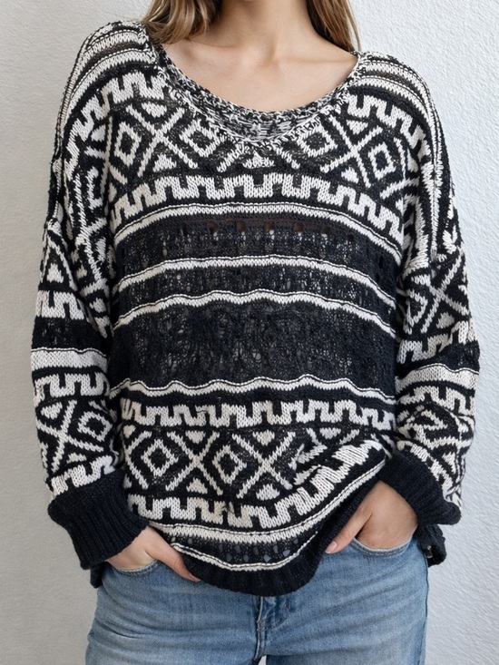 Free People Sweaters - Free People Oversized Knit Sweater Black White Tribal Boho Relaxed Fit Pullover